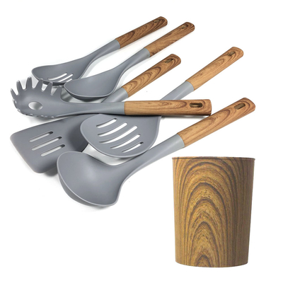 Zilkdruk of afgedrukte logo Luxe houten handgreep Grijze keukengereedschappen