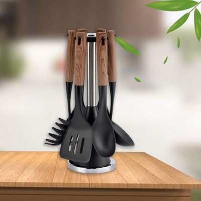 Zilkdruk of afgedrukte logo Luxe houten handgreep Grijze keukengereedschappen