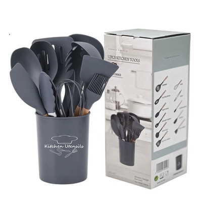 Zilkdruk of afgedrukte logo 12pcs siliconen keukengereedschap met plastic houder