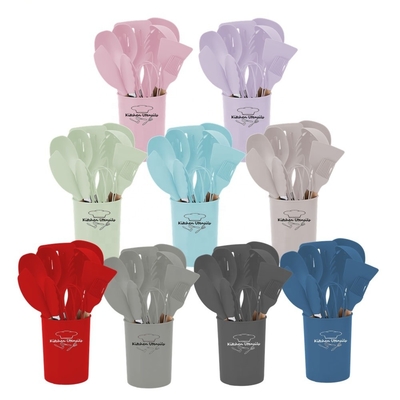 Zilkdruk of afgedrukte logo 12pcs siliconen keukengereedschap met plastic houder